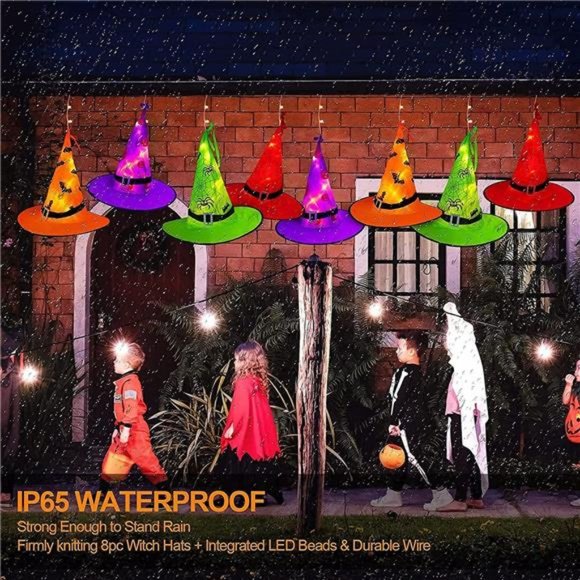 8Pcs Hanging Glowing Witch Hats 44ft Halloween Outdoor Lights String - Picture 7 of 7